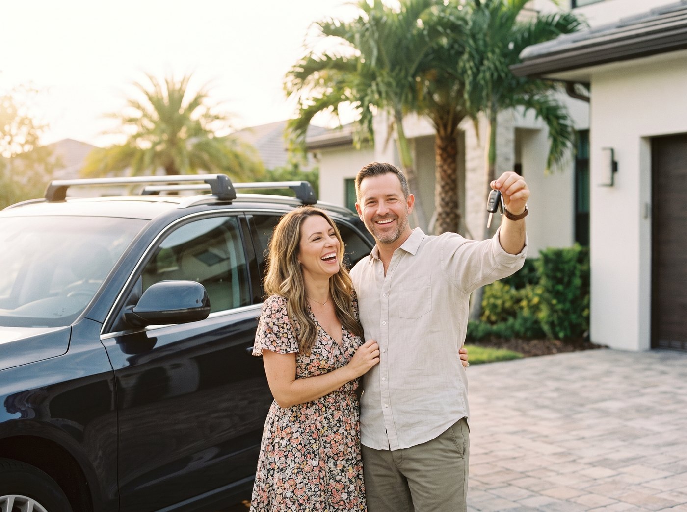 Happy South Florida clients receiving the keys to their new car